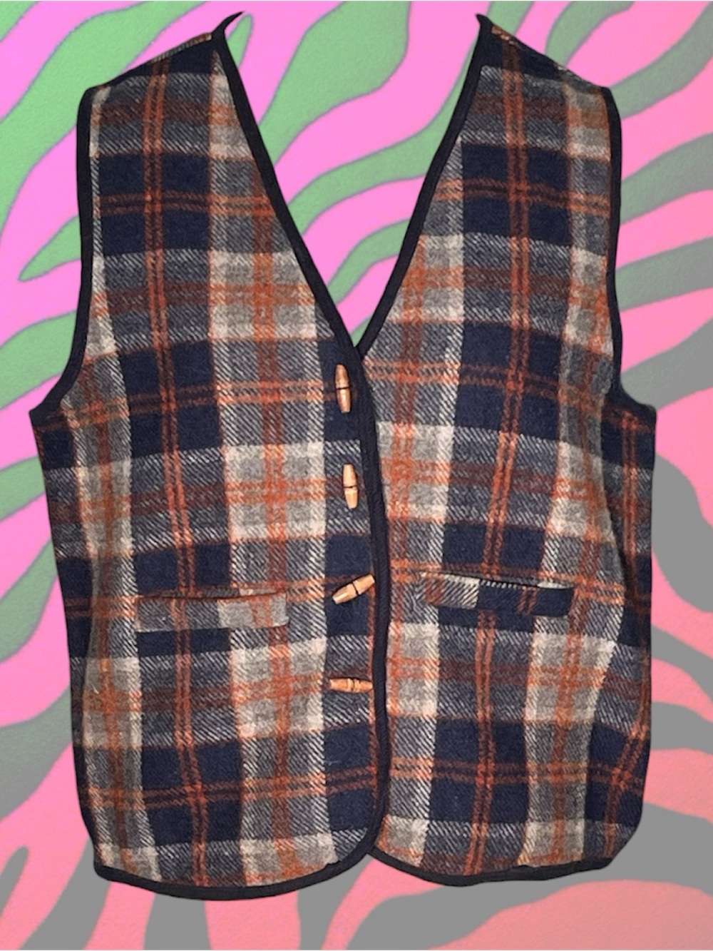 vintage 90s wool blend navy and rust plaid vest